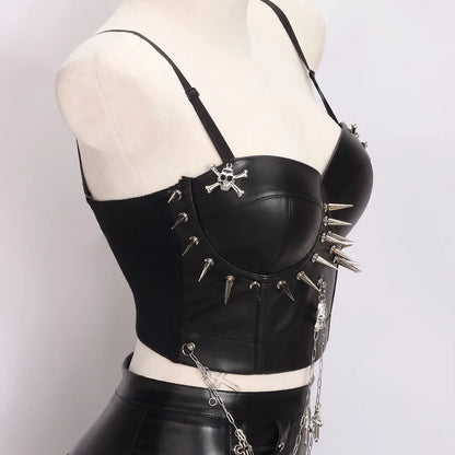 Punkgräfin Spike Corset Top Schwarz – Goth Punk Leder Bustier mit Ketten & Nieten