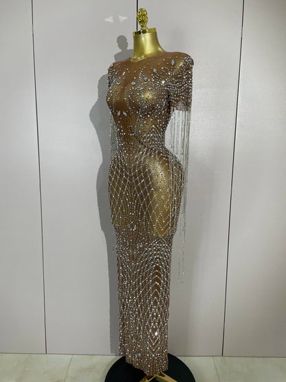 Muschibitch Funkelndes Gala Luxus Glitzer Strass Kleid Transparent Abendkleid Sexy Mesh Glamour Partykleid