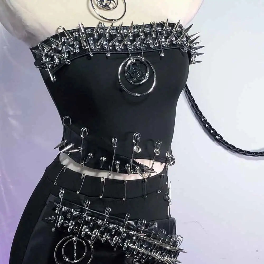 Punkgräfin Gothic Strapless Kleid – Y2K O-Ring Nieten Dress