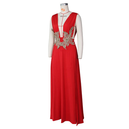 Muschibitch Abendkleid Damen Elegant Maxi Kleid Tiefer V Ausschnitt Rückenfrei Cocktailkleid