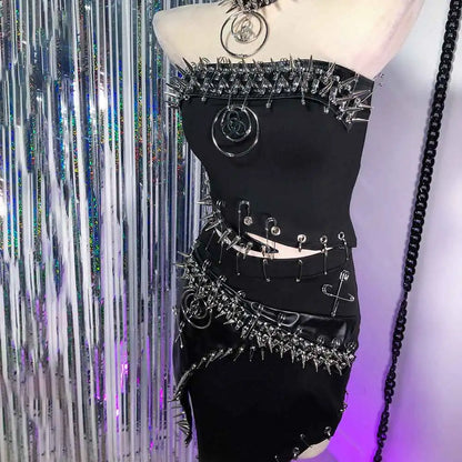 Punkgräfin Gothic Strapless Kleid – Y2K O-Ring Nieten Dress