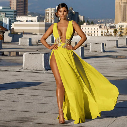 Muschibitch Abendkleid Damen Elegant Maxi Kleid Tiefer V Ausschnitt Rückenfrei Cocktailkleid