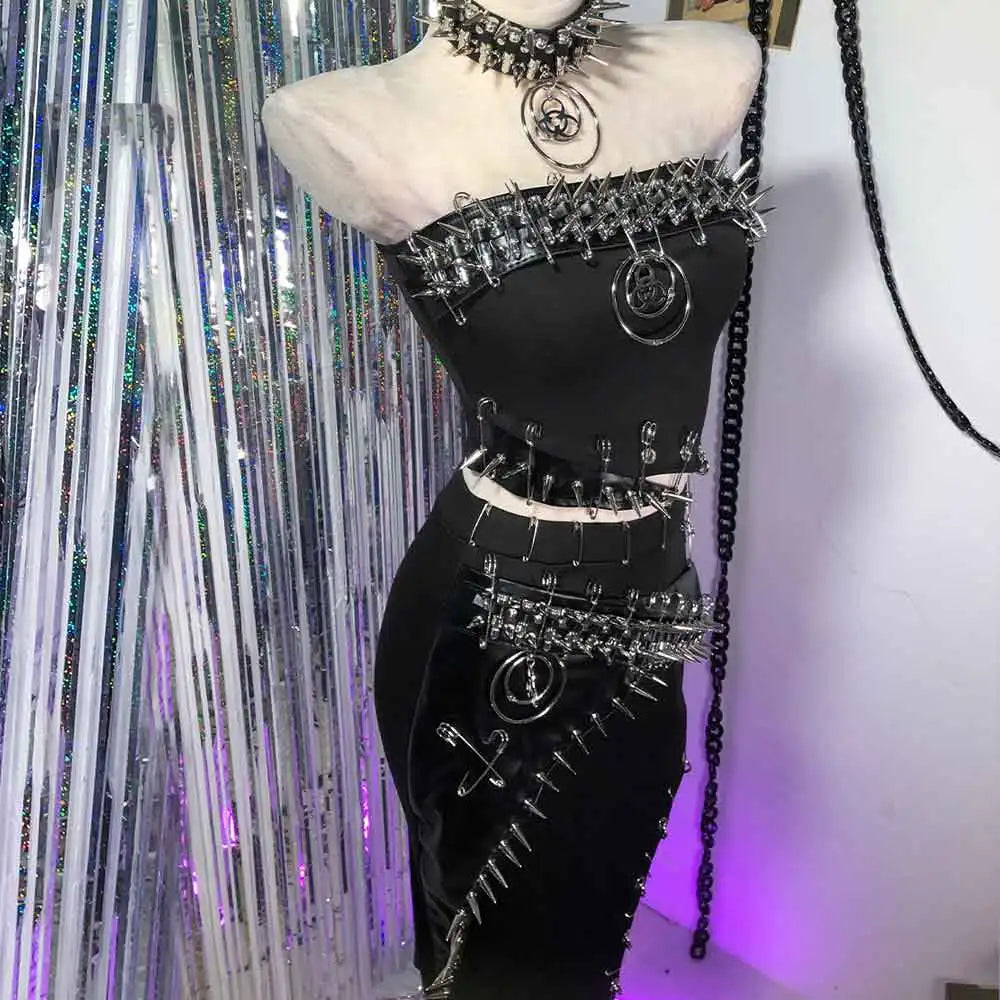Punkgräfin Gothic Strapless Kleid – Y2K O-Ring Nieten Dress