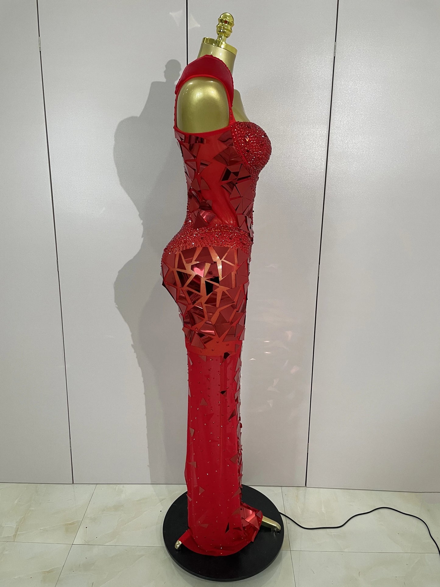 Muschibitch Luxus Abendkleid Rot Strass Spiegel Bodycon Glam Dress