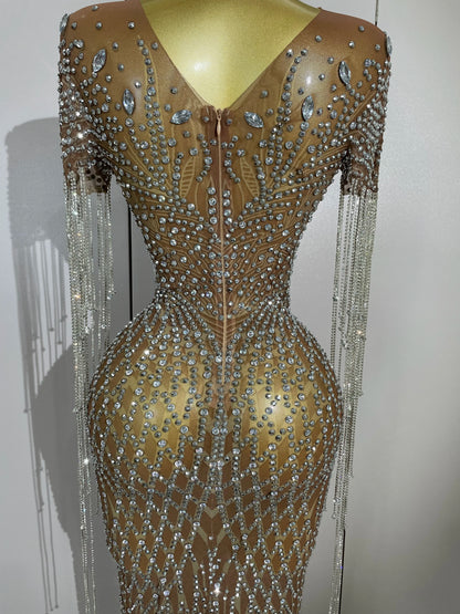 Muschibitch Funkelndes Gala Luxus Glitzer Strass Kleid Transparent Abendkleid Sexy Mesh Glamour Partykleid