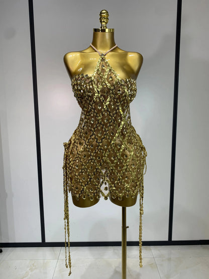 Muschibitch Sexy Pailletten Kleid Transparent – Party Club Dress Mesh Diamant Set