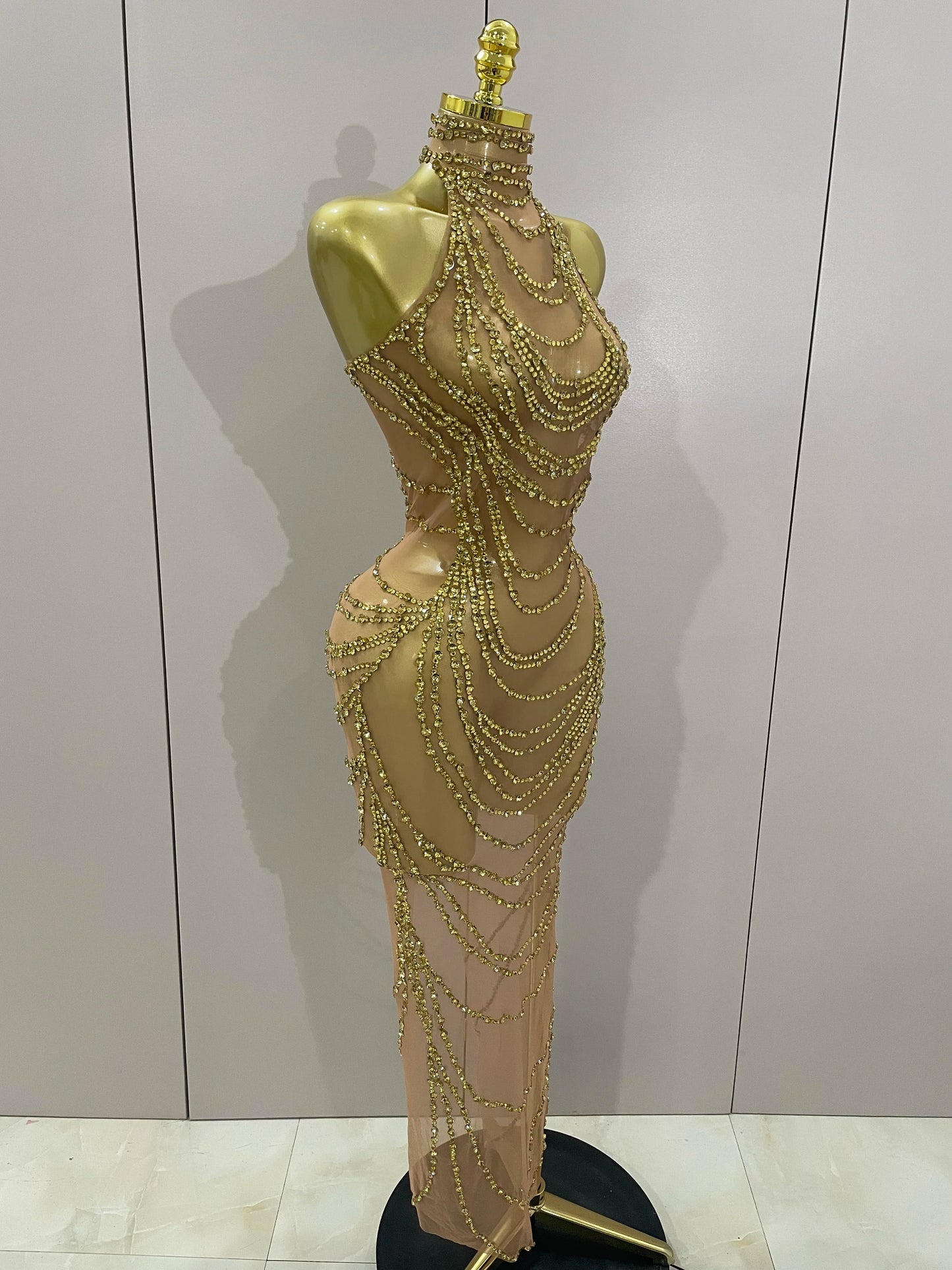 Muschibitch Sexy Luxus Gold Strass Kleid Transparent Abendkleid Club Glam