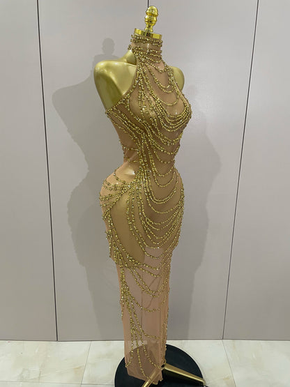 Muschibitch Sexy Luxus Gold Strass Kleid Transparent Abendkleid Club Glam