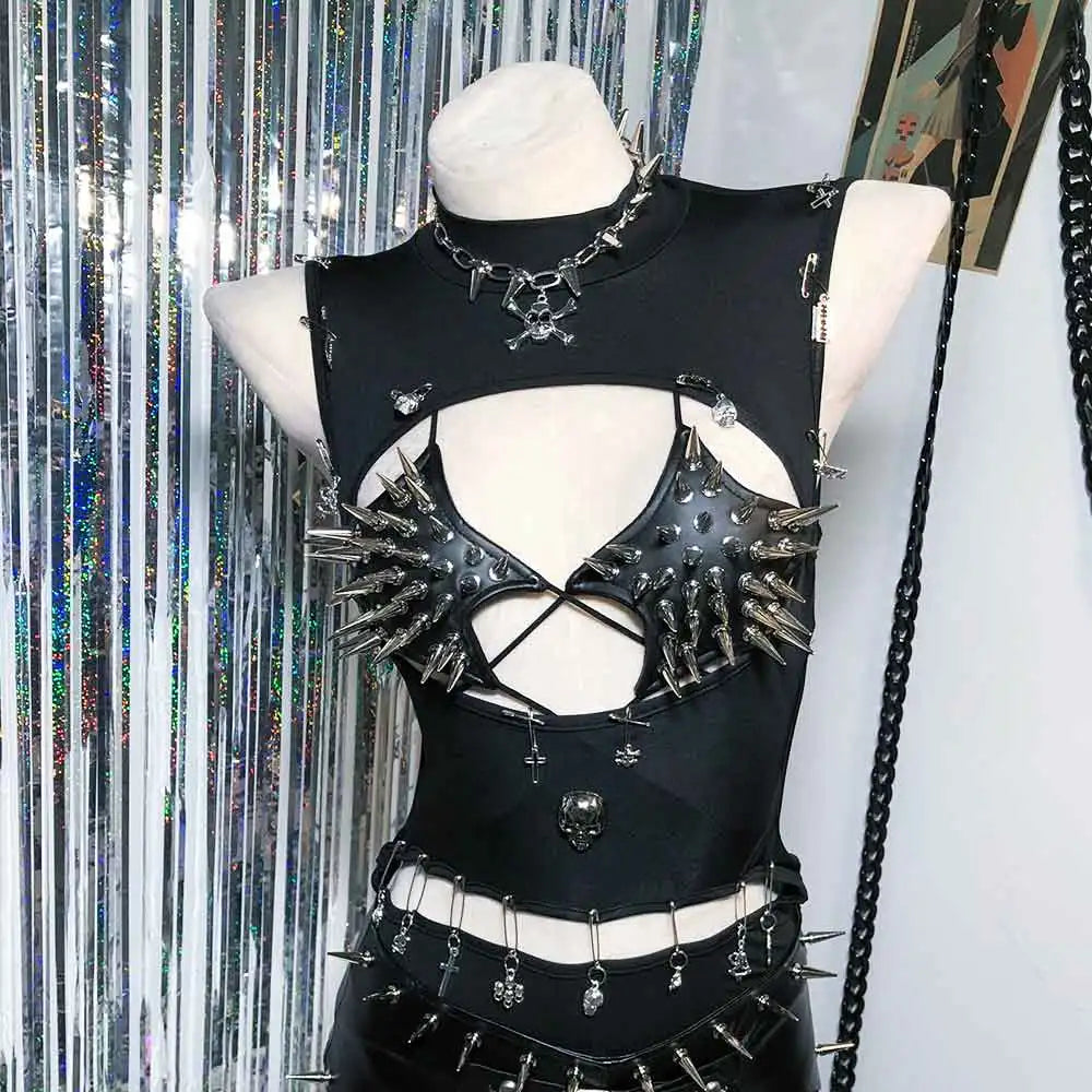 Punkgräfin Y2K Gothic Spike Top Damen – Handmade Fetish Clubwear