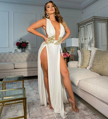 Muschibitch Abendkleid Damen Elegant Maxi Kleid Tiefer V Ausschnitt Rückenfrei Cocktailkleid