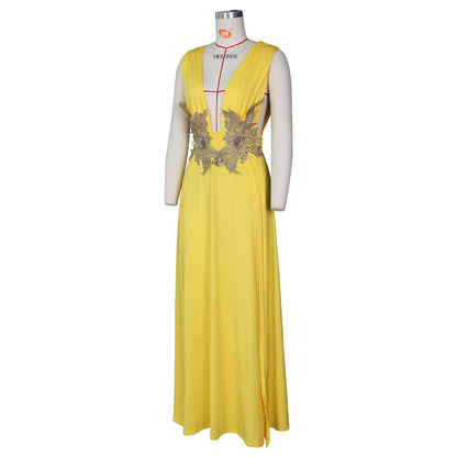 Muschibitch Abendkleid Damen Elegant Maxi Kleid Tiefer V Ausschnitt Rückenfrei Cocktailkleid