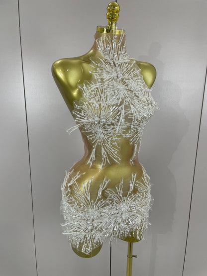 Muschibitch Luxus Perlen Sexy Mesh Mini Kleid Transparent Abendkleid