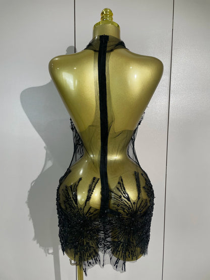 Muschibitch Luxus Perlen Sexy Mesh Mini Kleid Transparent Abendkleid