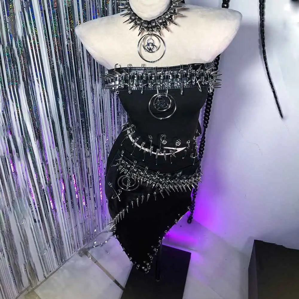 Punkgräfin Gothic Strapless Kleid – Y2K O-Ring Nieten Dress