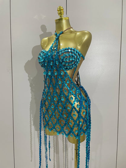Muschibitch Sexy Pailletten Kleid Transparent – Party Club Dress Mesh Diamant Set