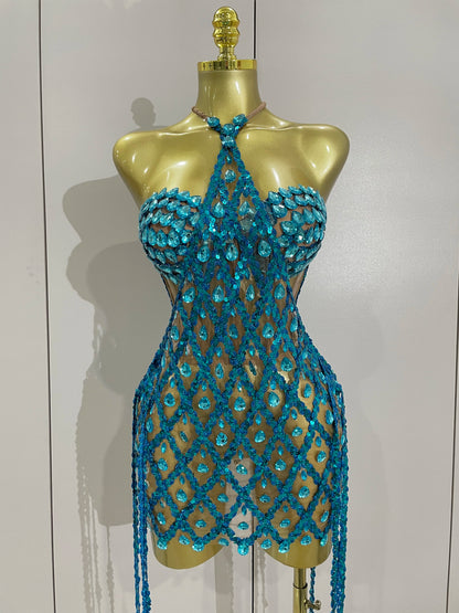 Muschibitch Sexy Pailletten Kleid Transparent – Party Club Dress Mesh Diamant Set