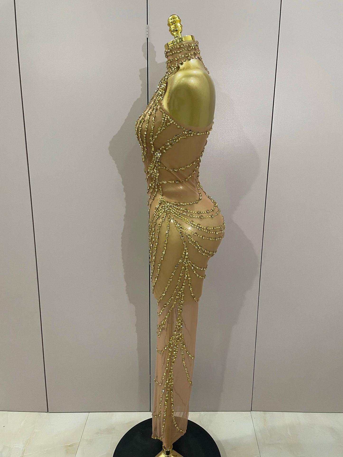 Muschibitch Sexy Luxus Gold Strass Kleid Transparent Abendkleid Club Glam