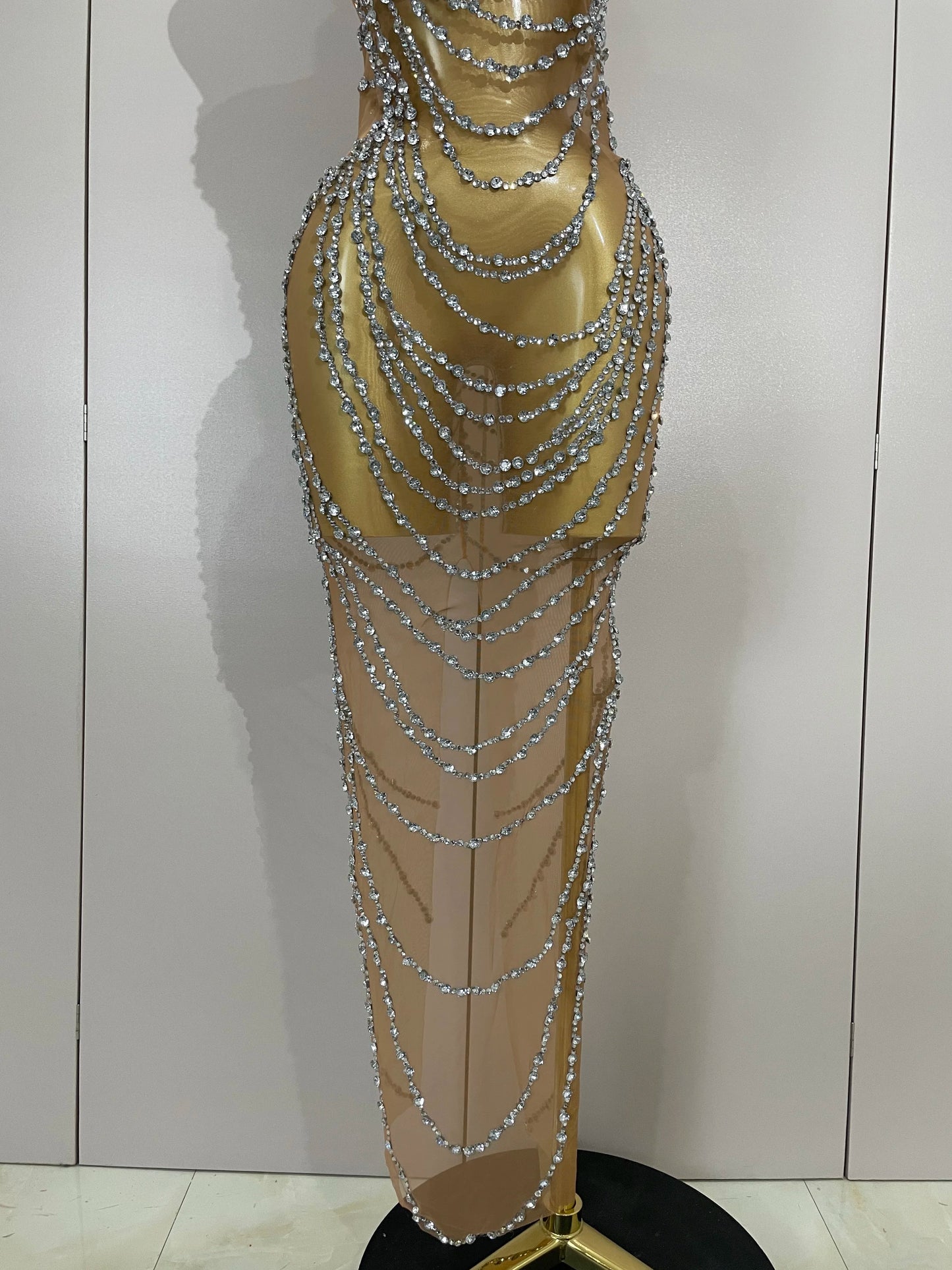 Muschibitch Sexy Luxus Gold Strass Kleid Transparent Abendkleid Club Glam
