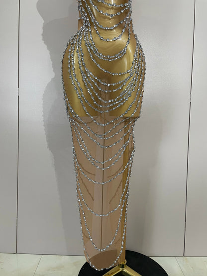 Muschibitch Sexy Luxus Gold Strass Kleid Transparent Abendkleid Club Glam