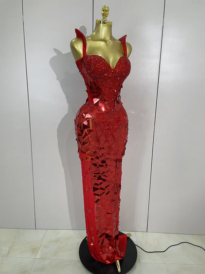 Muschibitch Luxus Abendkleid Rot Strass Spiegel Bodycon Glam Dress