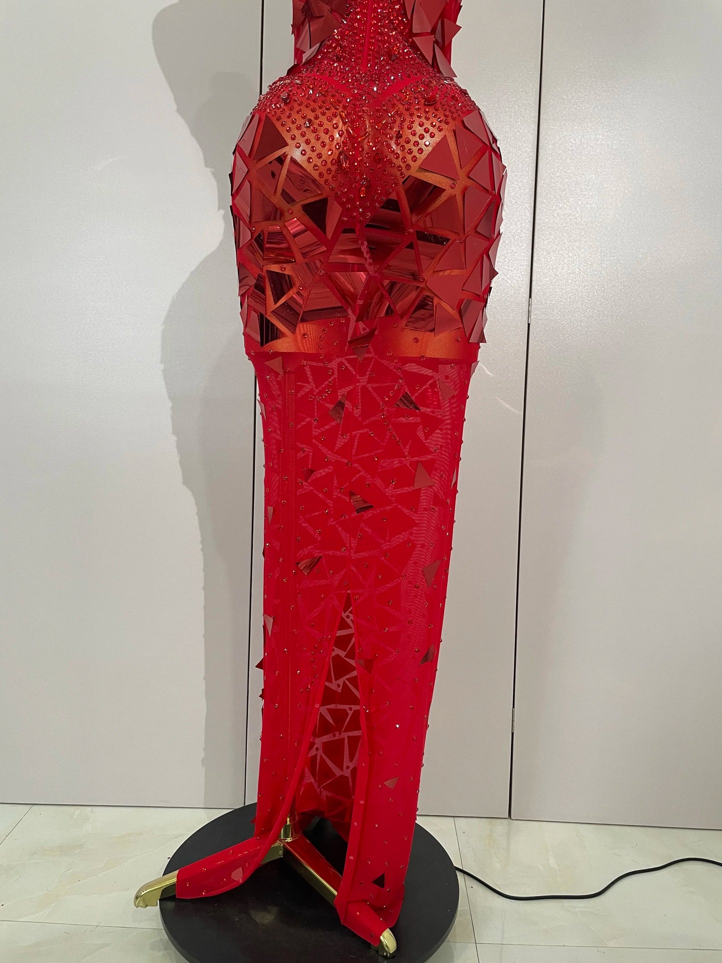 Muschibitch Luxus Abendkleid Rot Strass Spiegel Bodycon Glam Dress
