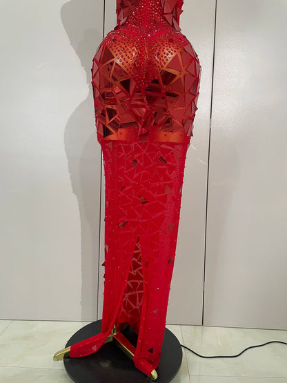 Muschibitch Luxus Abendkleid Rot Strass Spiegel Bodycon Glam Dress