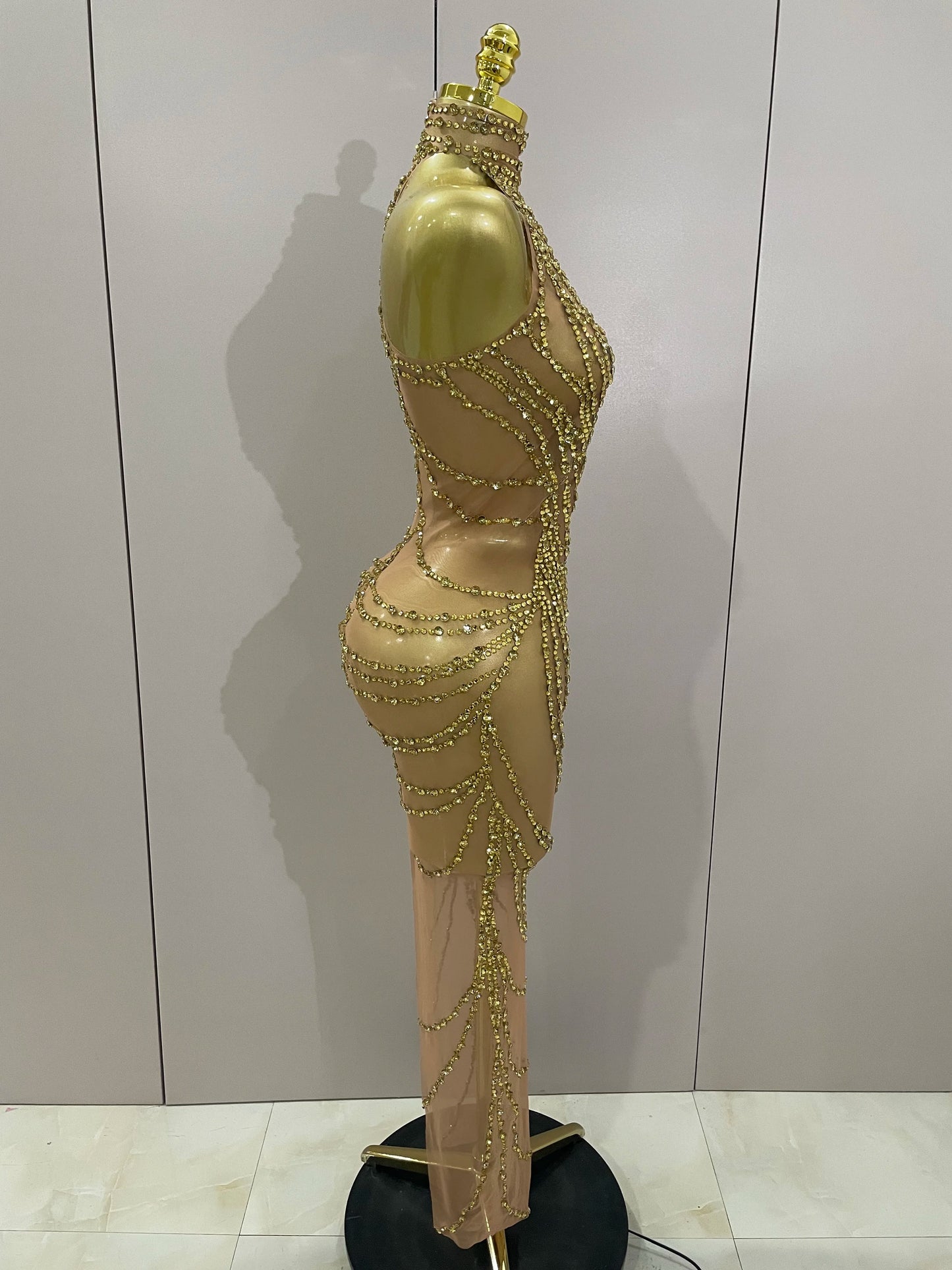 Muschibitch Sexy Luxus Gold Strass Kleid Transparent Abendkleid Club Glam