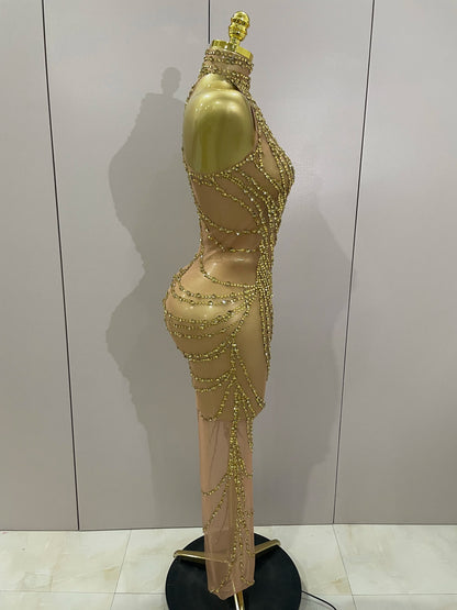 Muschibitch Sexy Luxus Gold Strass Kleid Transparent Abendkleid Club Glam