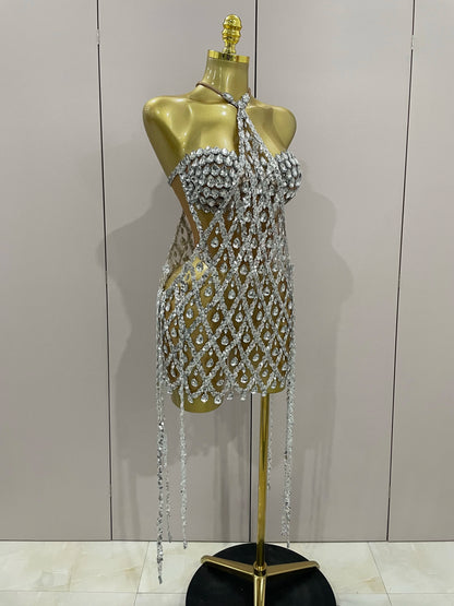 Muschibitch Sexy Pailletten Kleid Transparent – Party Club Dress Mesh Diamant Set