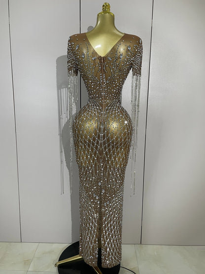 Muschibitch Funkelndes Gala Luxus Glitzer Strass Kleid Transparent Abendkleid Sexy Mesh Glamour Partykleid