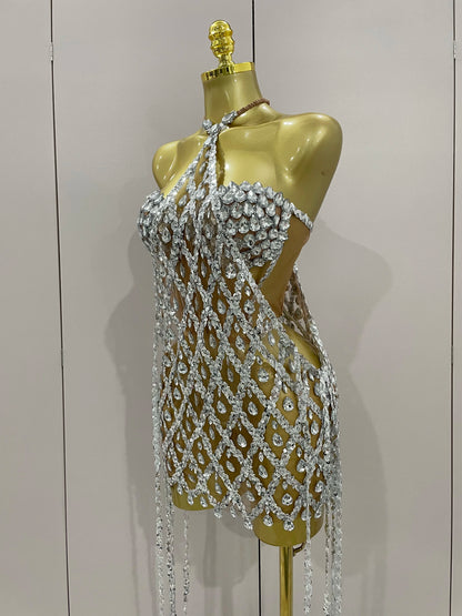 Muschibitch Sexy Pailletten Kleid Transparent – Party Club Dress Mesh Diamant Set