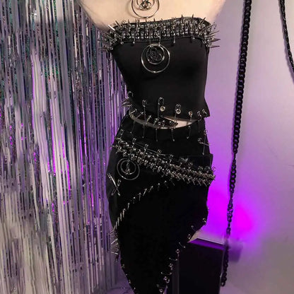 Punkgräfin Gothic Strapless Kleid – Y2K O-Ring Nieten Dress