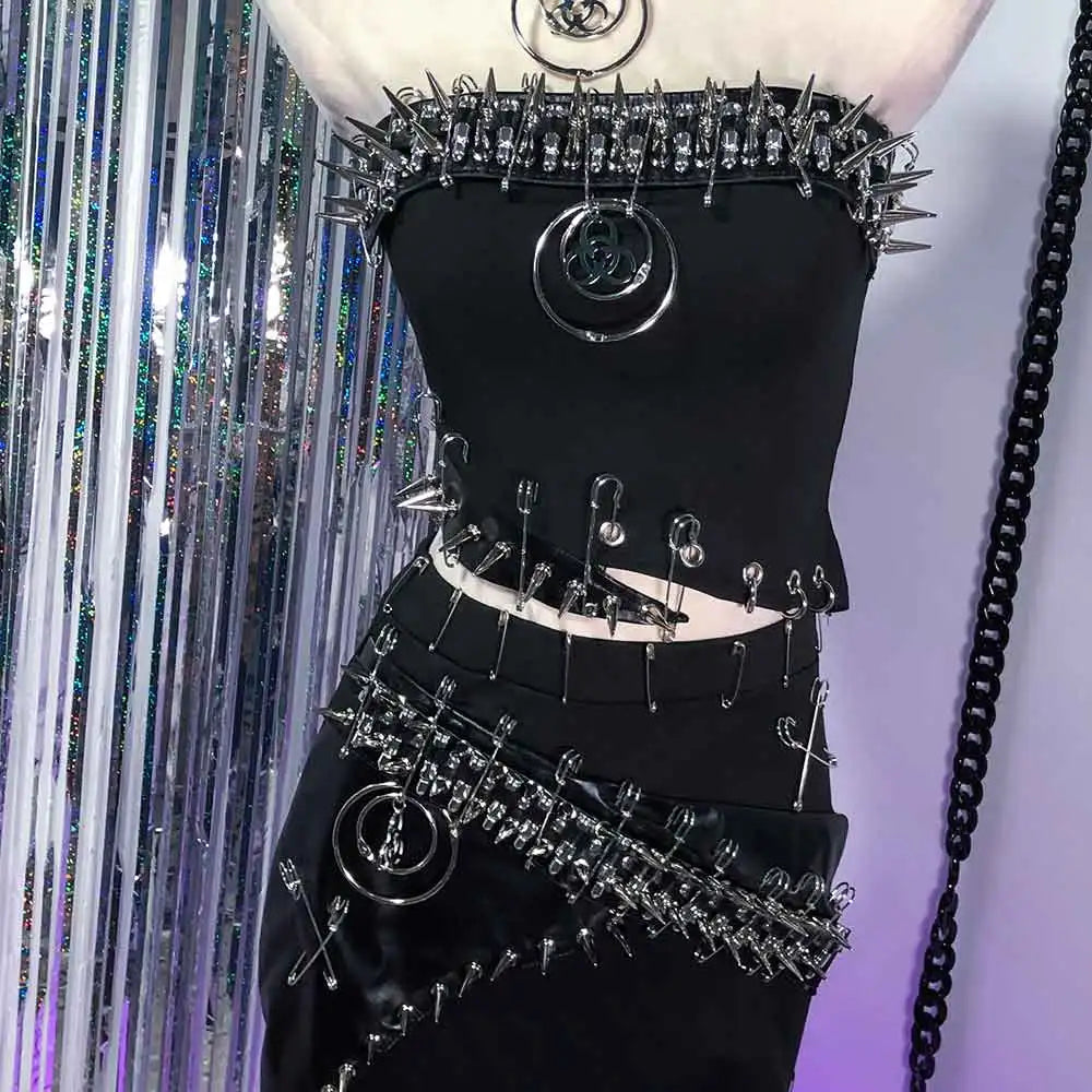 Punkgräfin Gothic Strapless Kleid – Y2K O-Ring Nieten Dress