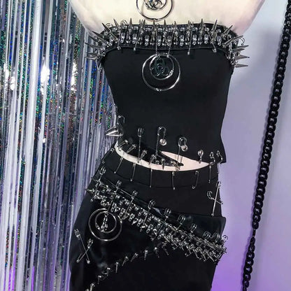 Punkgräfin Gothic Strapless Kleid – Y2K O-Ring Nieten Dress