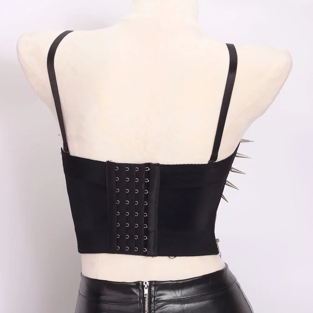 Punkgräfin Spike Corset Top Schwarz – Goth Punk Leder Bustier mit Ketten & Nieten