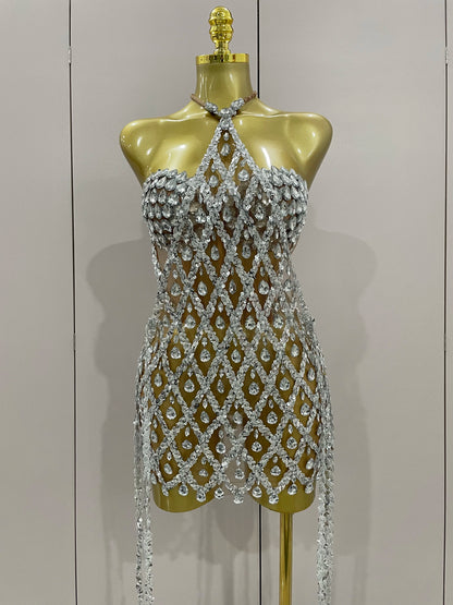 Muschibitch Sexy Pailletten Kleid Transparent – Party Club Dress Mesh Diamant Set