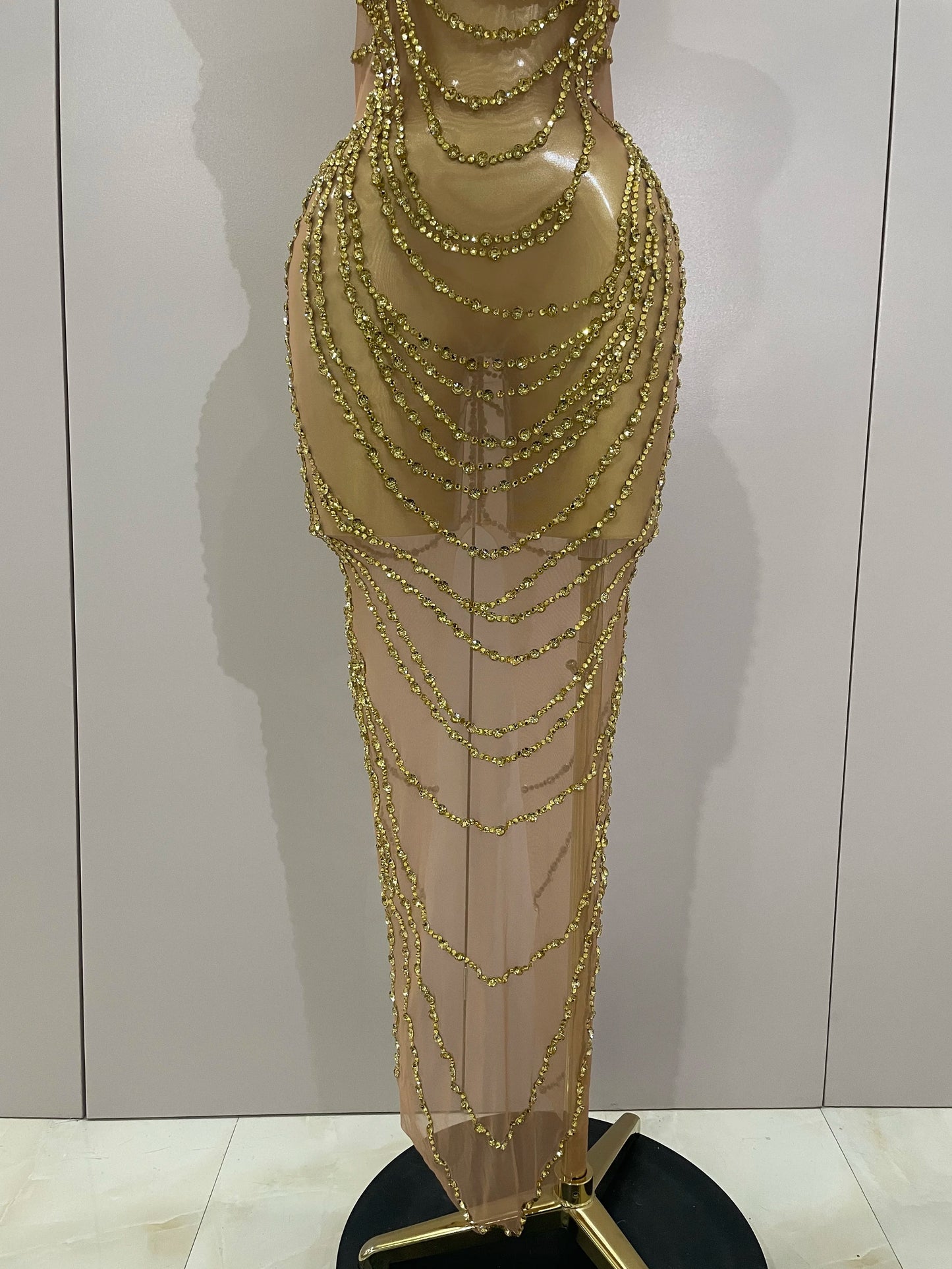 Muschibitch Sexy Luxus Gold Strass Kleid Transparent Abendkleid Club Glam