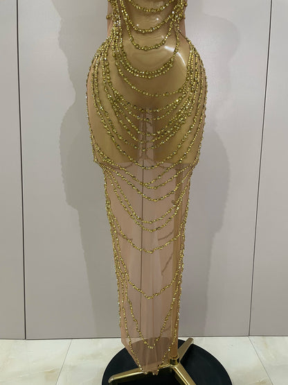 Muschibitch Sexy Luxus Gold Strass Kleid Transparent Abendkleid Club Glam