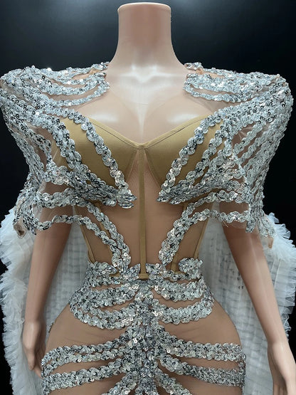 Muschibitch Silber Strass Glitzer Minikleid, Transparentes Mesh Partykleid, Sexy Gala Kleid, NYE Clubwear