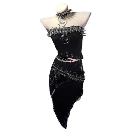 Punkgräfin Gothic Strapless Kleid – Y2K O-Ring Nieten Dress