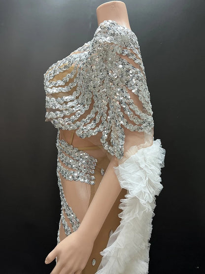 Muschibitch Silber Strass Glitzer Minikleid, Transparentes Mesh Partykleid, Sexy Gala Kleid, NYE Clubwear