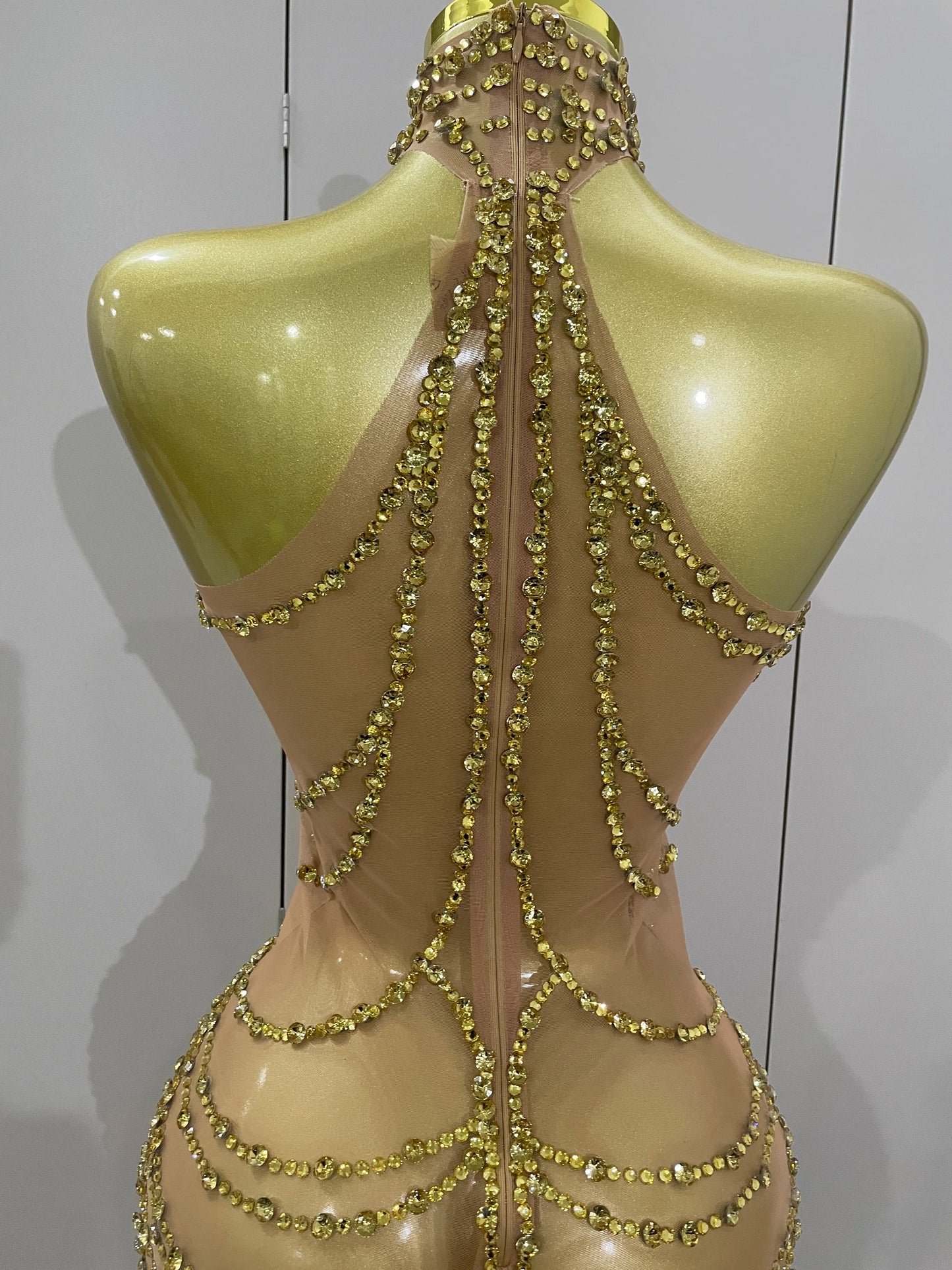 Muschibitch Sexy Luxus Gold Strass Kleid Transparent Abendkleid Club Glam