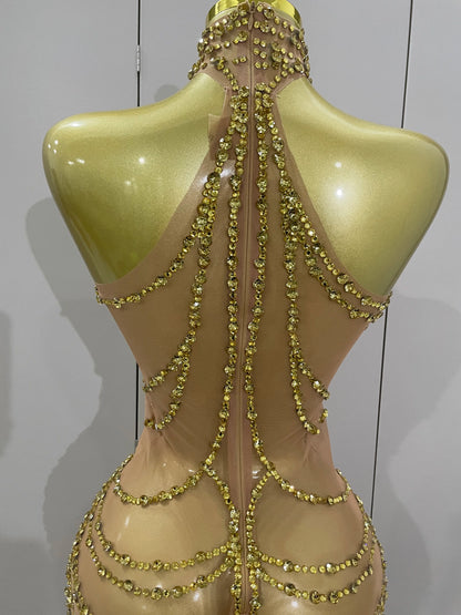 Muschibitch Sexy Luxus Gold Strass Kleid Transparent Abendkleid Club Glam