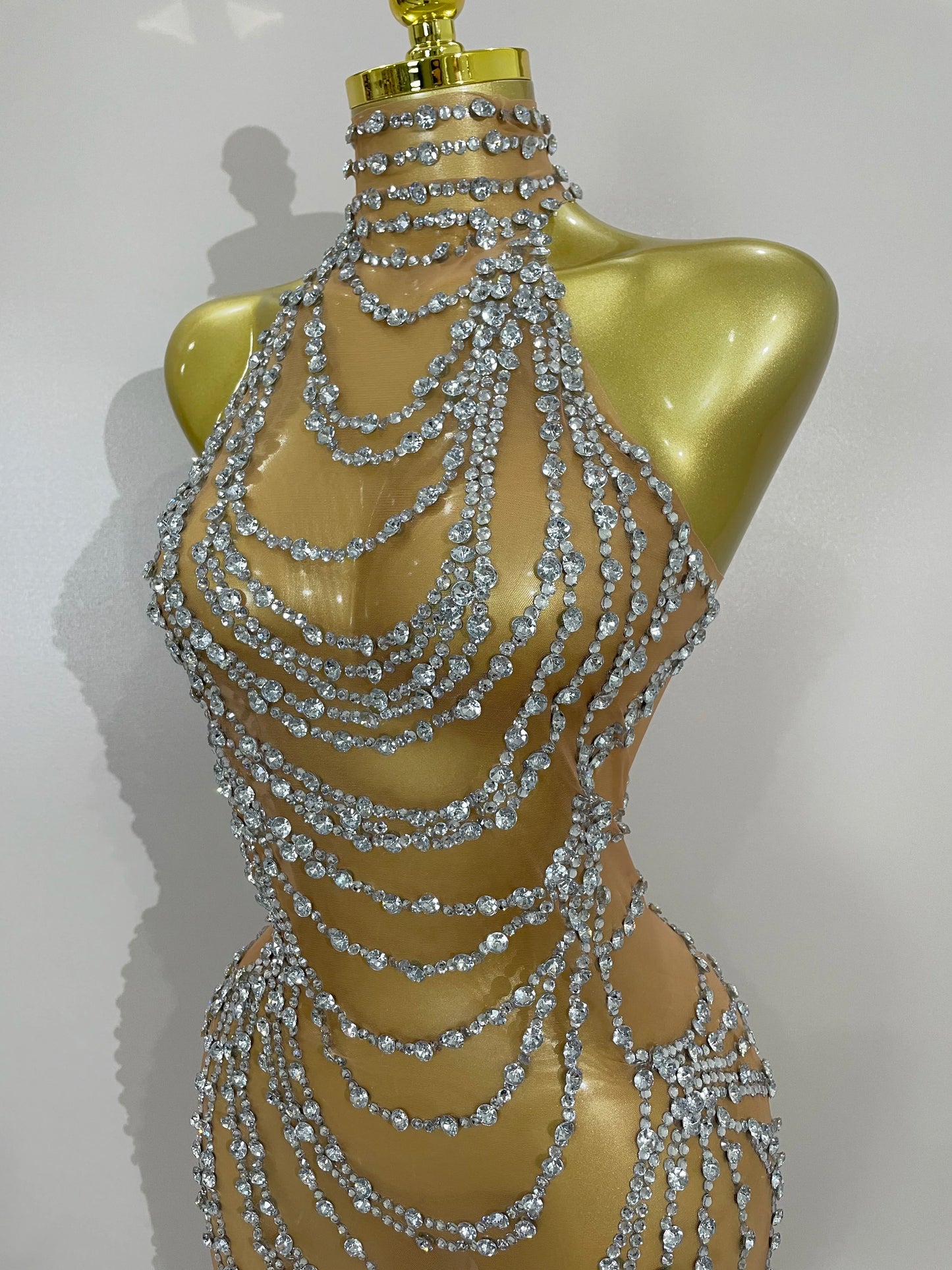 Muschibitch Sexy Luxus Gold Strass Kleid Transparent Abendkleid Club Glam