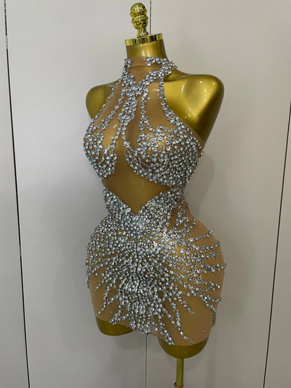 Muschibitch Sexy Strass Kleid Transparent – Mesh Club Glitzer Party Mini Dress
