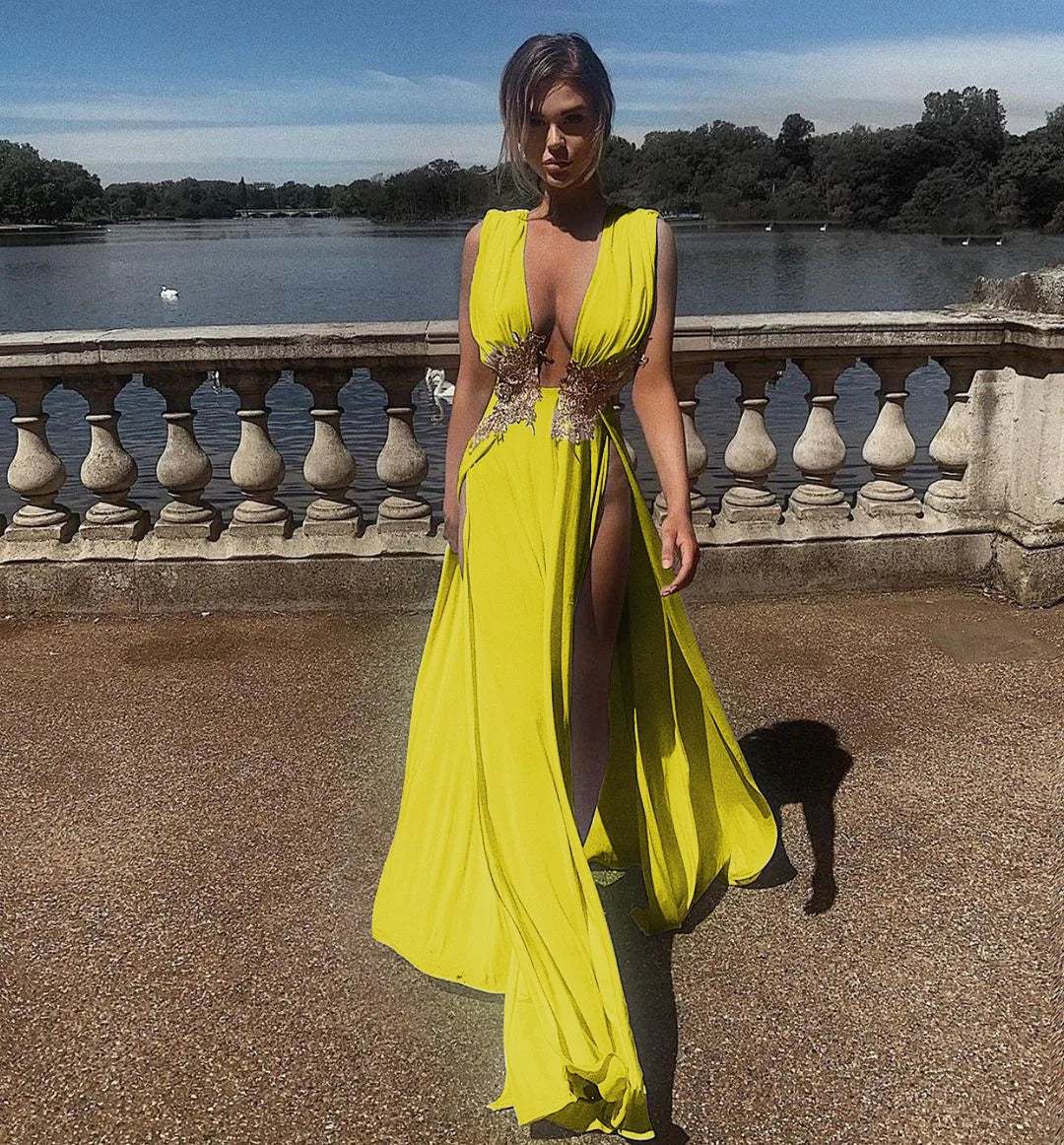 Muschibitch Abendkleid Damen Elegant Maxi Kleid Tiefer V Ausschnitt Rückenfrei Cocktailkleid