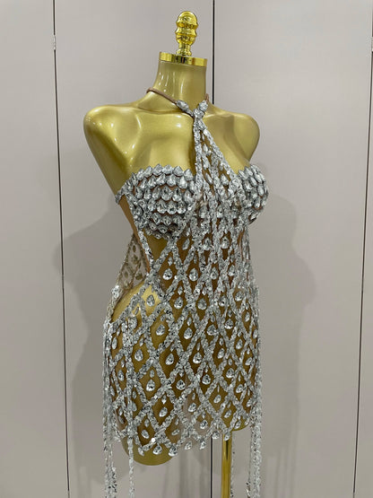 Muschibitch Sexy Pailletten Kleid Transparent – Party Club Dress Mesh Diamant Set