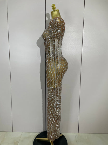 Muschibitch Funkelndes Gala Luxus Glitzer Strass Kleid Transparent Abendkleid Sexy Mesh Glamour Partykleid