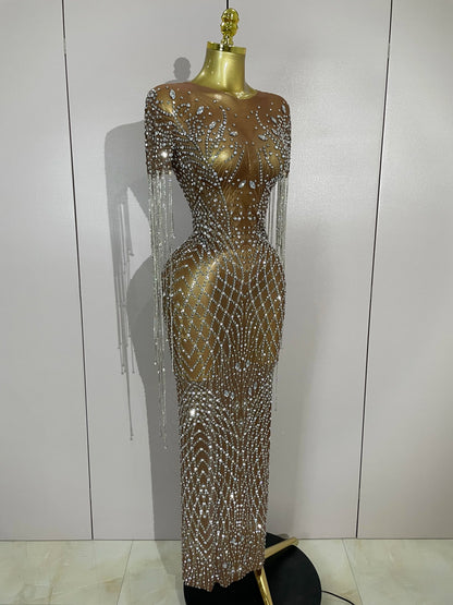 Muschibitch Funkelndes Gala Luxus Glitzer Strass Kleid Transparent Abendkleid Sexy Mesh Glamour Partykleid