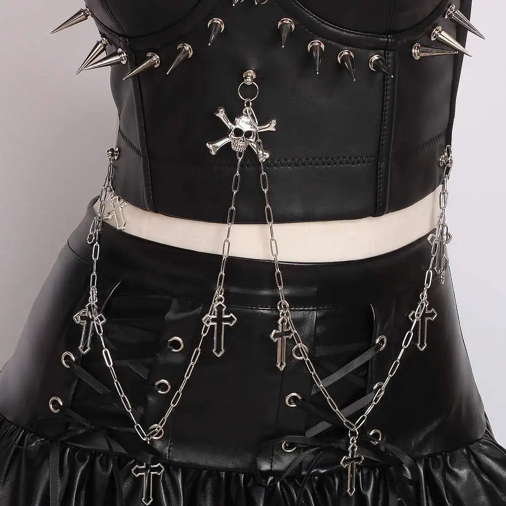 Punkgräfin Spike Corset Top Schwarz – Goth Punk Leder Bustier mit Ketten & Nieten